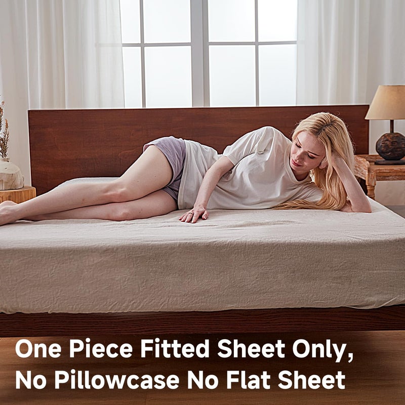 Simple&Opulence 100% Linen Fitted Sheet Full(1 Piece), 14 Inch Deep Pocket Mattress Cover Natural French Flax Stone Washed Farmhouse Soft Breathable Bottom Sheets-Linen - Image 3